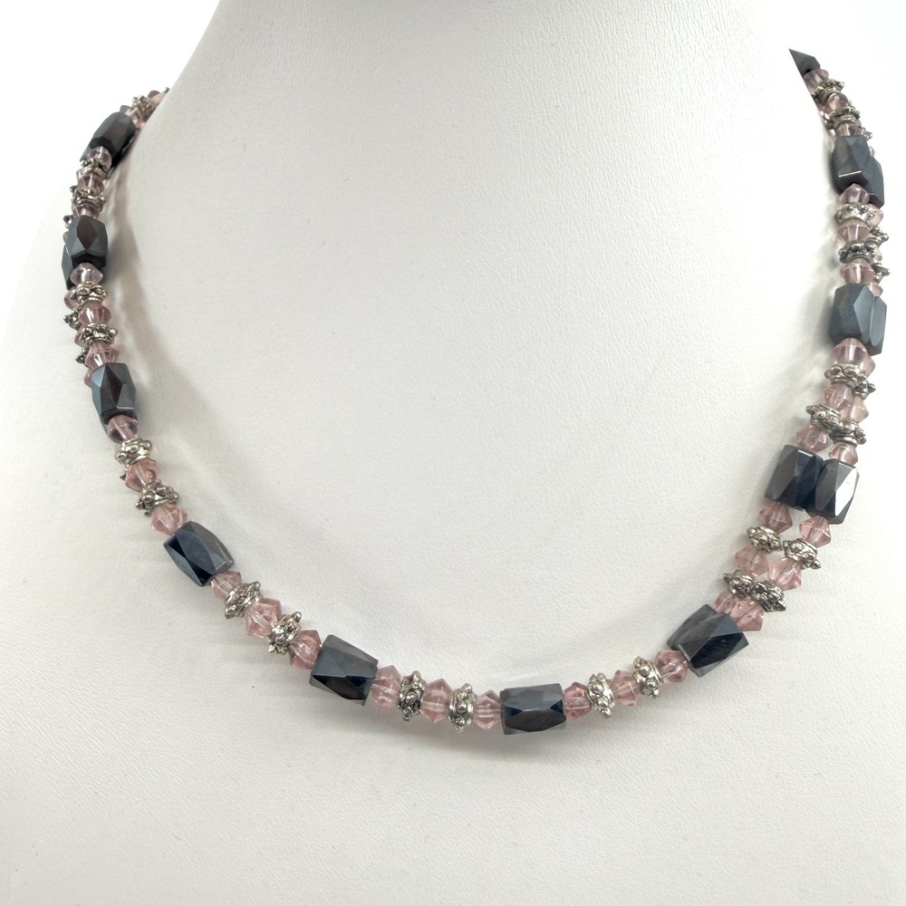 Vintage Hematite Pink Crystal Choker Necklace Silver Tone Boho Style